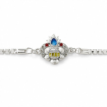 Kalash Lotus Petal Enamel Crystal Studded Silver Chain Designer Rakhi