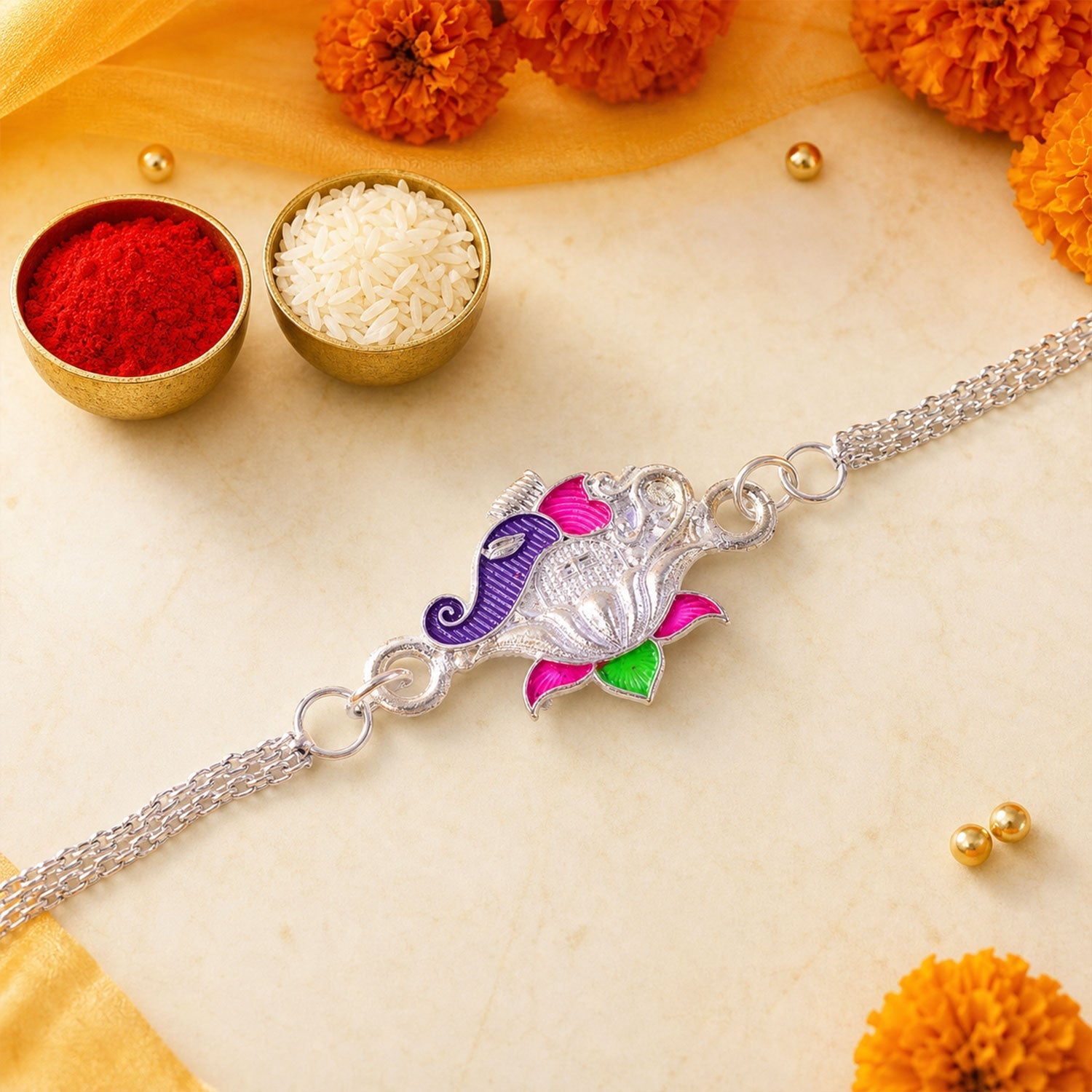 Lotus Kalgi Meenakari Silver Chain Rakhi for Brother (5pcs)