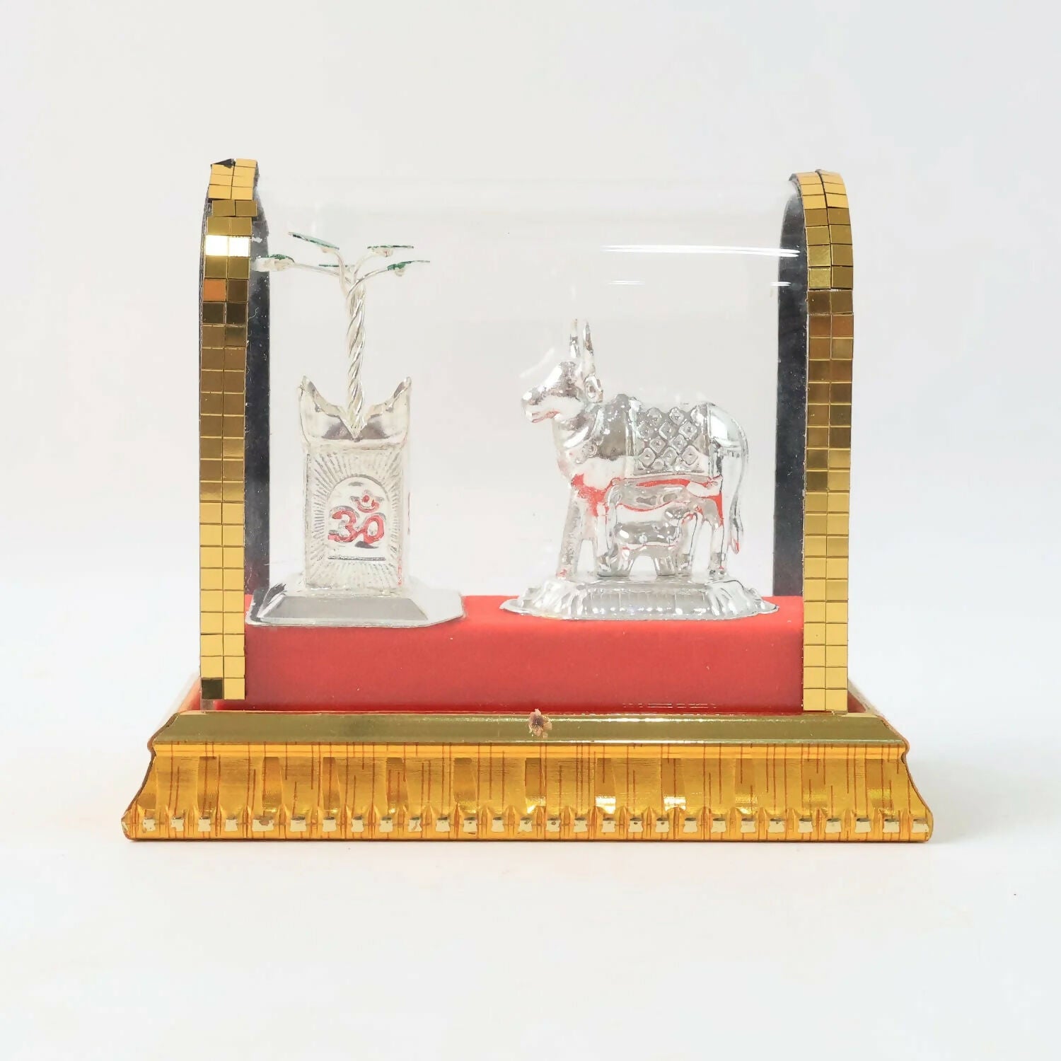 Silver Decorative Cow and Kalash Set in Premium Glass Dome for Pooja and Home DÃ©cor