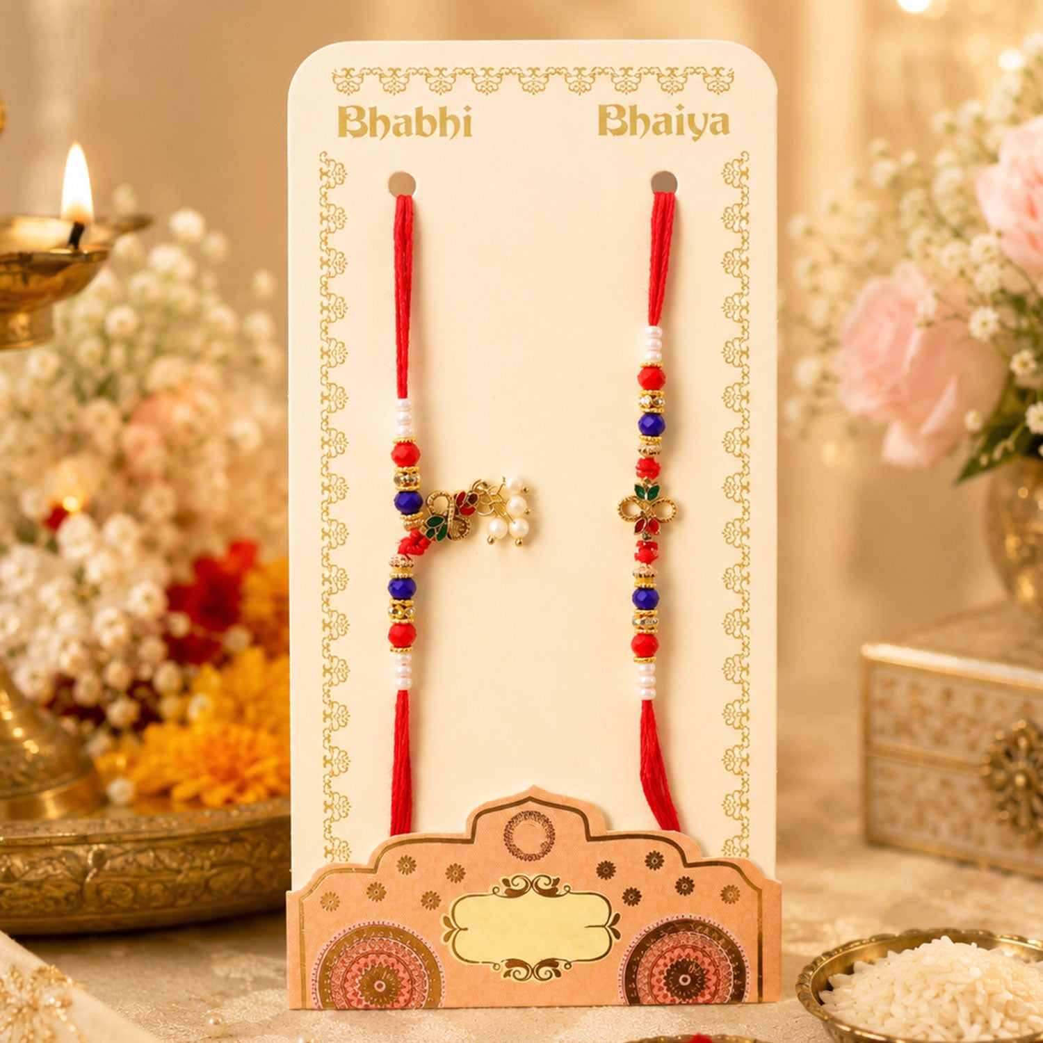 Divine Leaf Feather Motif Design Bhai Bhabhi Rakhi with Leaf Charm and Beads for Gift