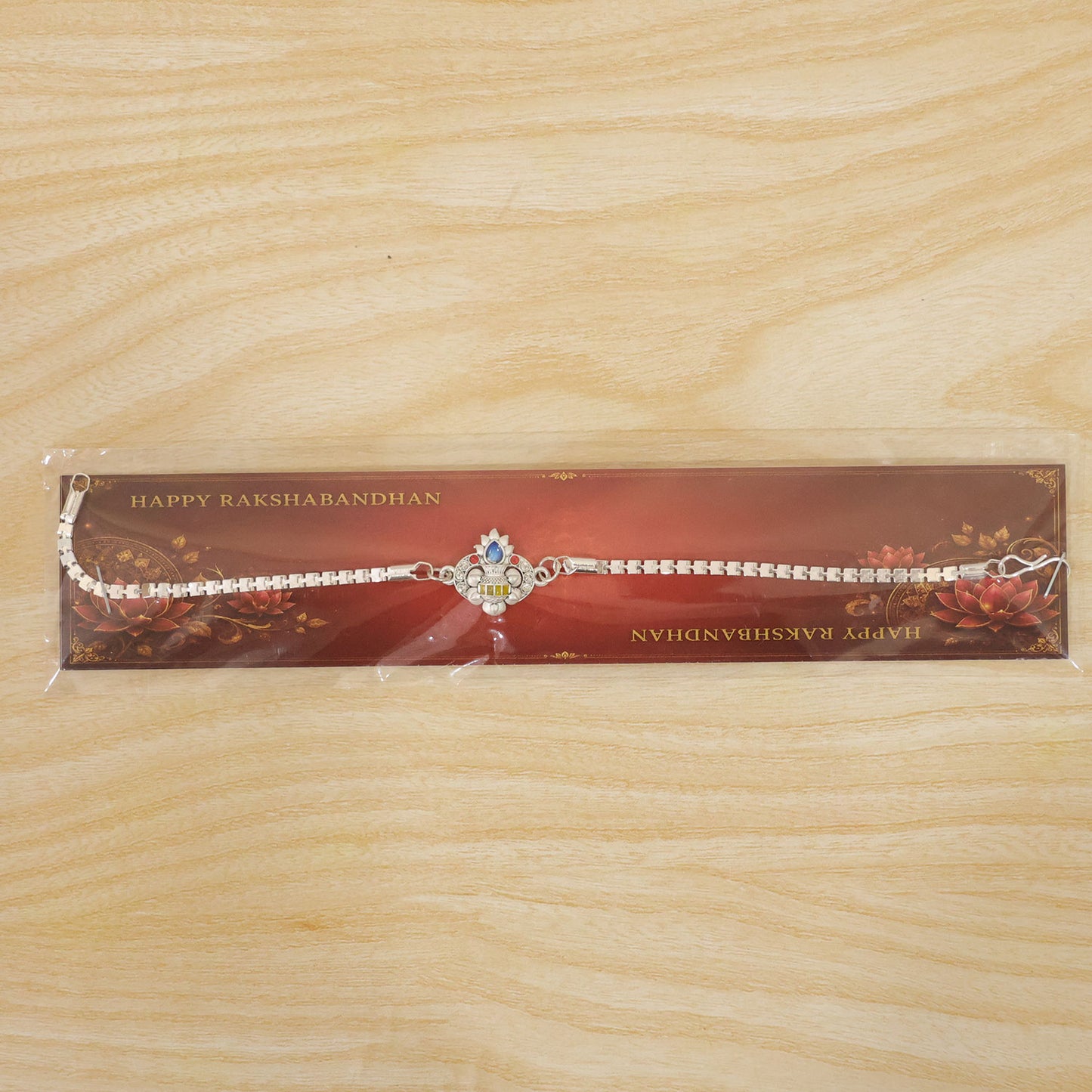 Kalash Lotus Petal Enamel Crystal Studded Silver Chain Designer Rakhi