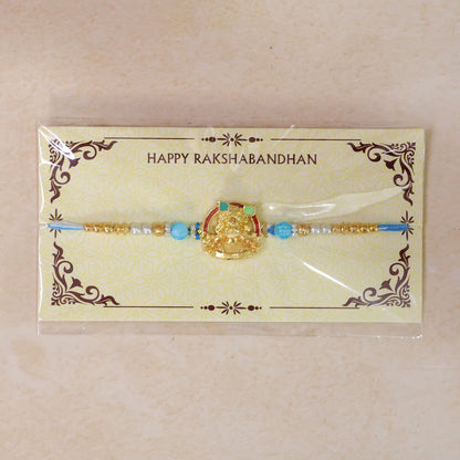 Gold-Toned Khatu Shyam Rakhi with Blue and Pearl Beads for Raksha Bandhan (5pcs)