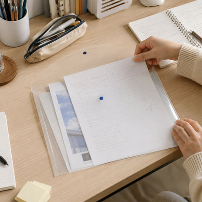 Slim transparent folder protecting A4 papers