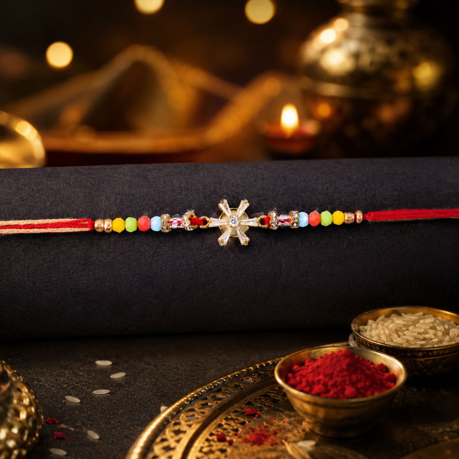 Snowflake AD Stone Designer Rakhi for Brother, Multicolour Beads Gift