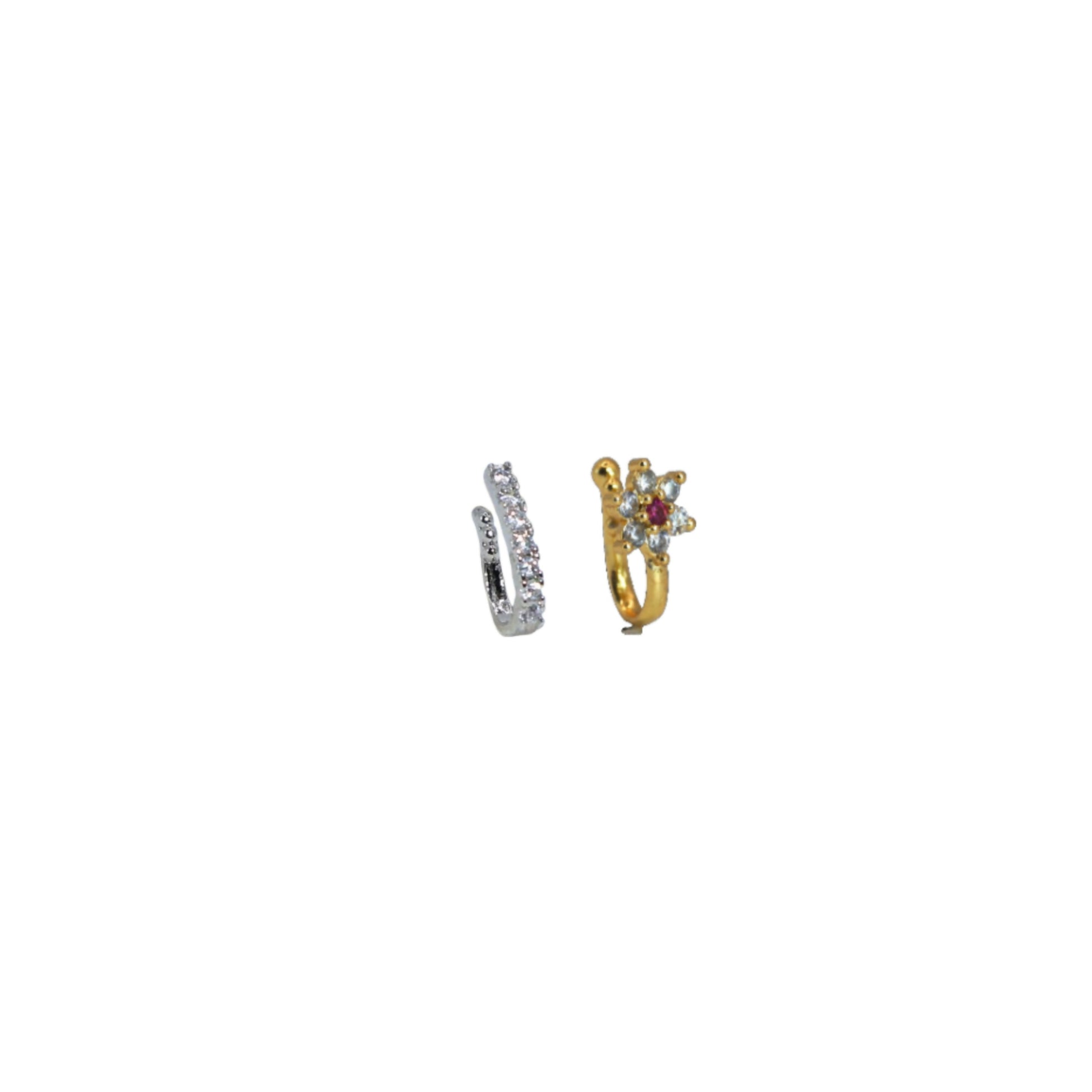 CZ Hoop & Floral Gold Plated Nose Clip Stud Set Combo Pack of 2