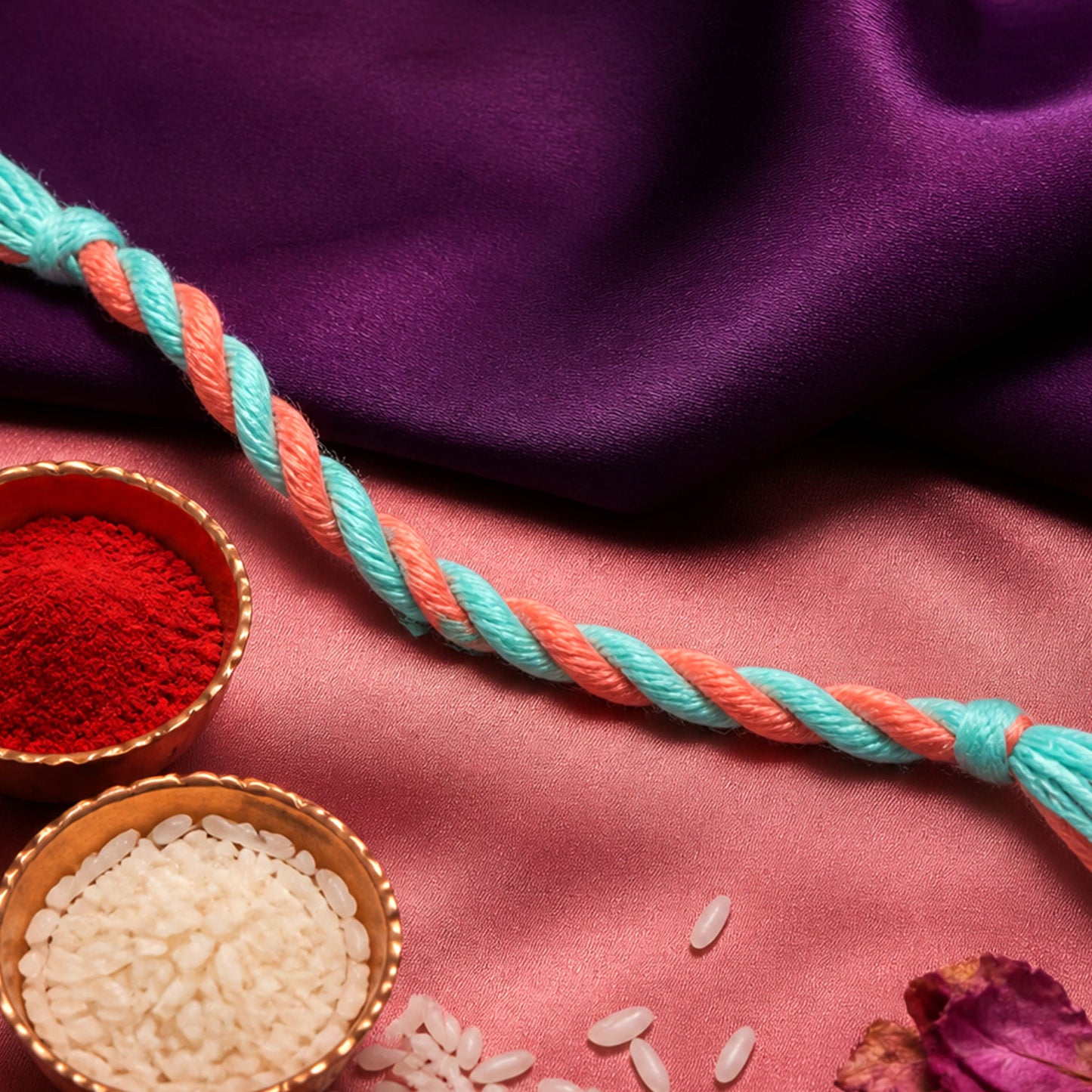 Peach-Turquoise Twisted Cord Rakhi with Beadless Pastel Design