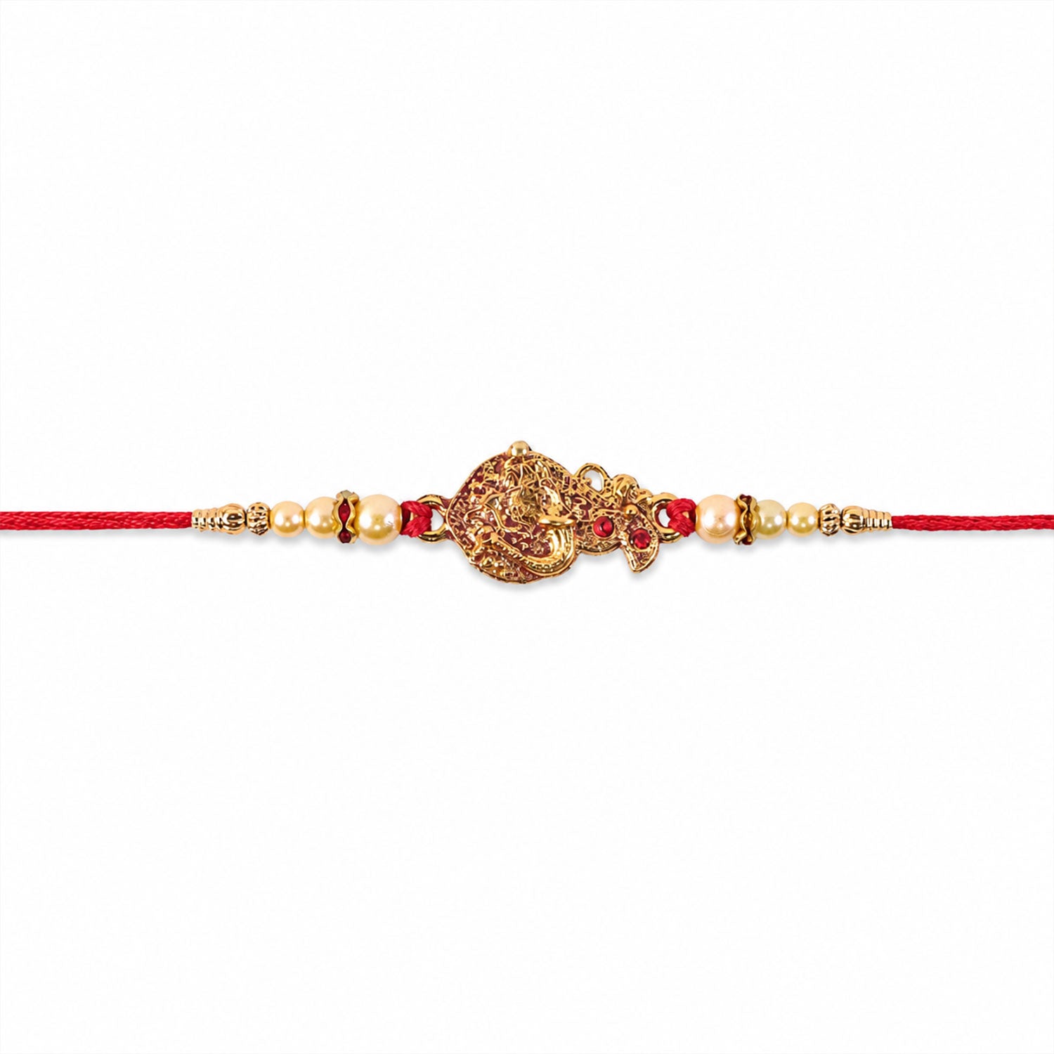 Golden Peacock Rakhi Pearl Beads & Red Thread for Brother on Raksha Bandhan (5pcs)