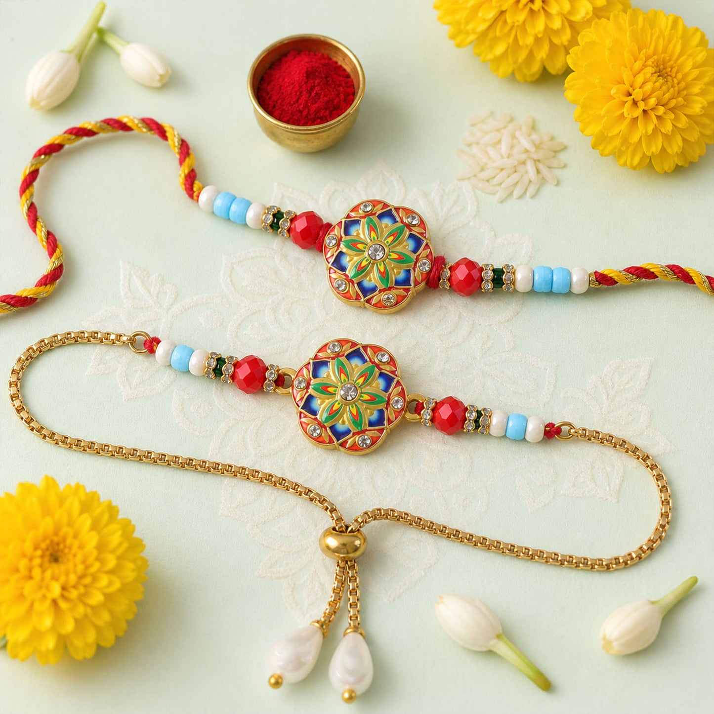 Round Meenakari Mosaic Bhai Bhabhi Lumba Rakhi with Pearl Drops