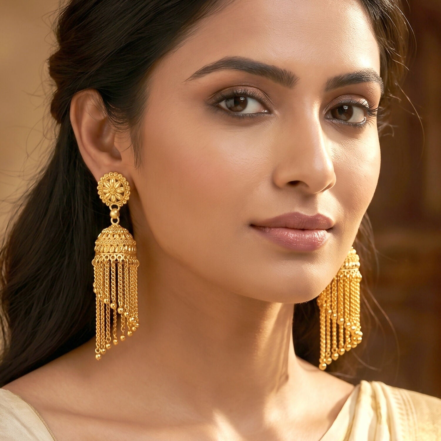 Side view of golden jhumka earrings with tassels
