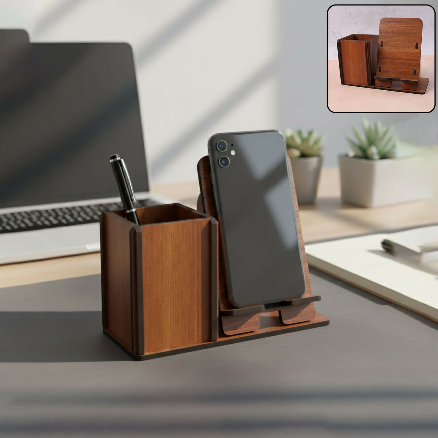 Wooden desk organizer with built-in phone and tablet stand