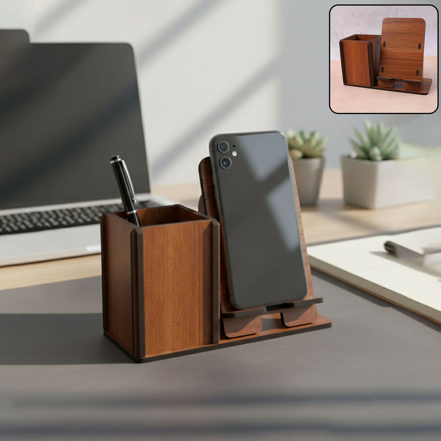 Wooden desk organizer with built-in phone and tablet stand