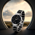 Black Round Shape Dial Watch with Silver Metal Strap Design for Women