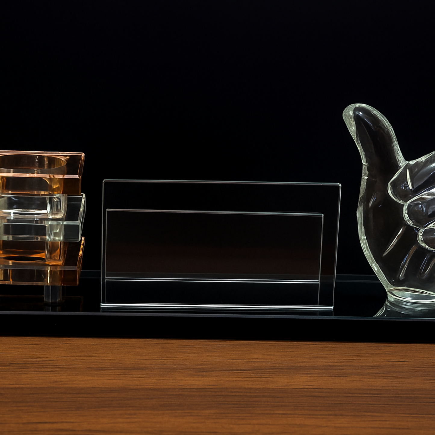 Premium Glass Desk Organizer with Thumbs-Up Sculpture, Transparent Business Card Holder & Stacked Amber Crystal Pen Stand for Office, Study Table & Corporate Gifting