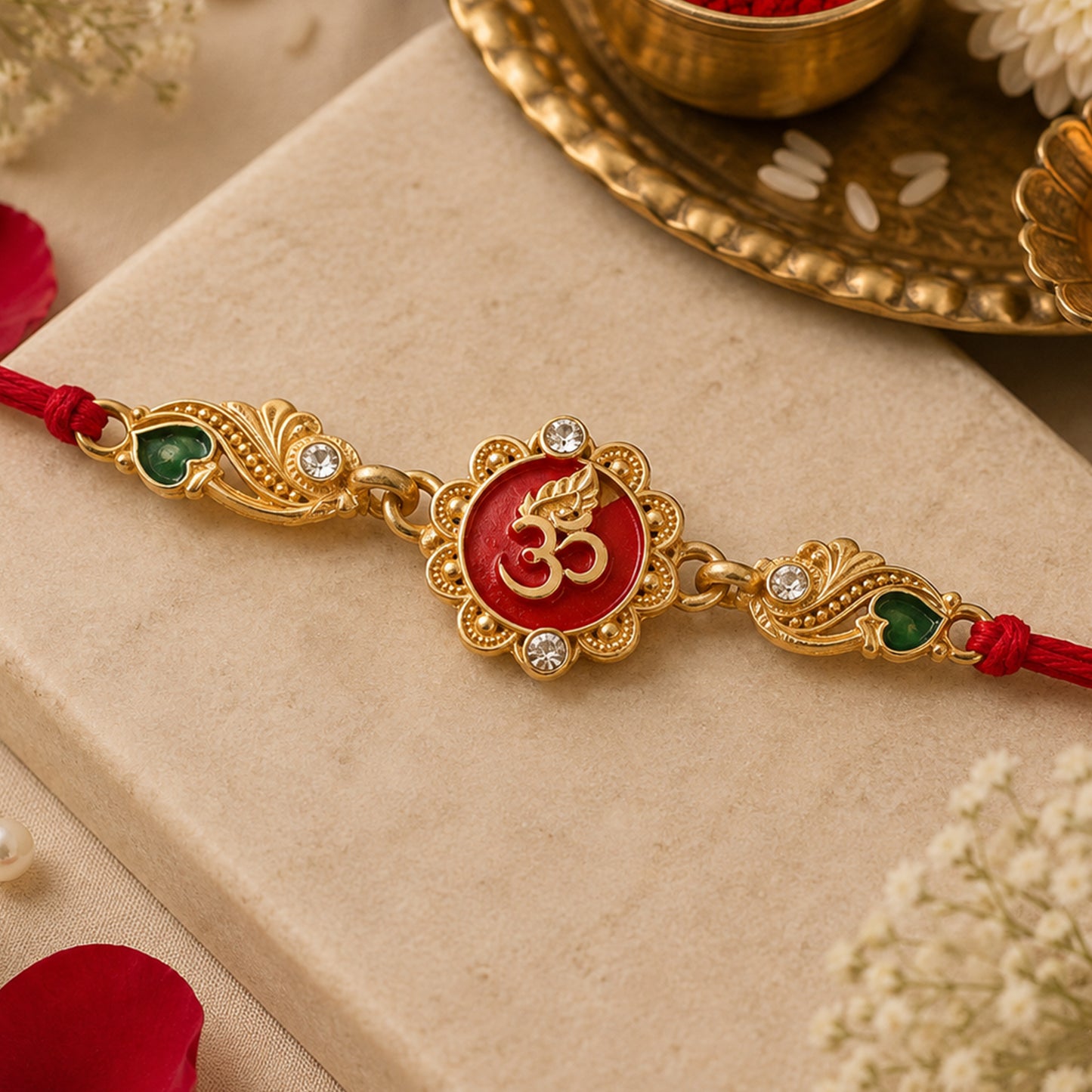 Elegant Rakhi featuring Om Plaque, crystal accents and thread style for Gift Styling