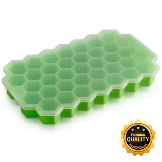 Honeycomb silicone ice cube tray with lid on white background
