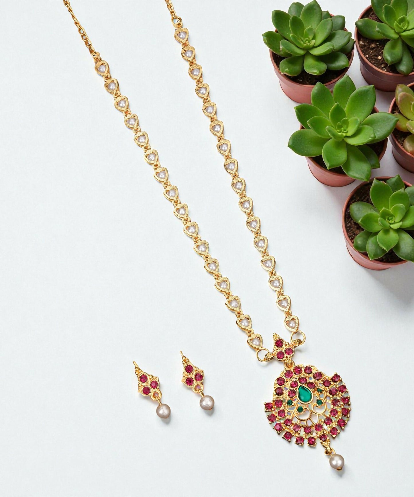 Gold-Tone Green-Pink & Crystal Flower Choker with Pearl Drops
