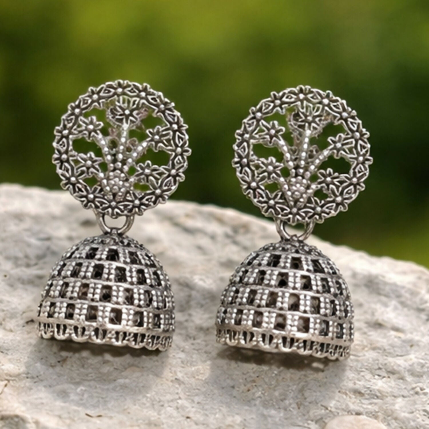 Oxidized Silver Floral Jhumka Earrings for Women – Traditional Ethnic Designer Jewelry