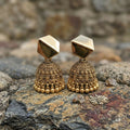 Antique Gold Plated Geometric Hexagon Jhumka Earrings with Dome & Hanging Bead Drops