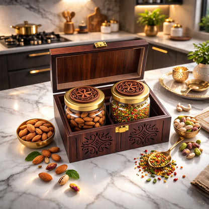Dual airtight glass jars inside handcrafted wooden gift box for spice or snack storage