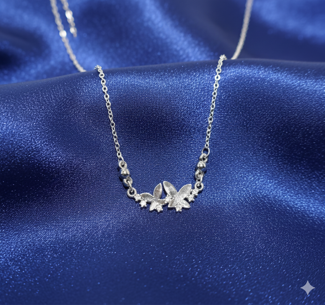 Silver Tone AD Pave Double Butterfly Bar Pendant Necklace