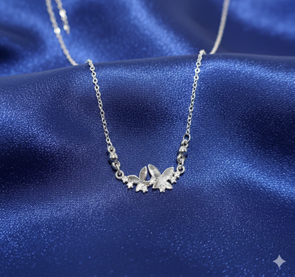 Silver Tone AD Pave Double Butterfly Bar Pendant Necklace