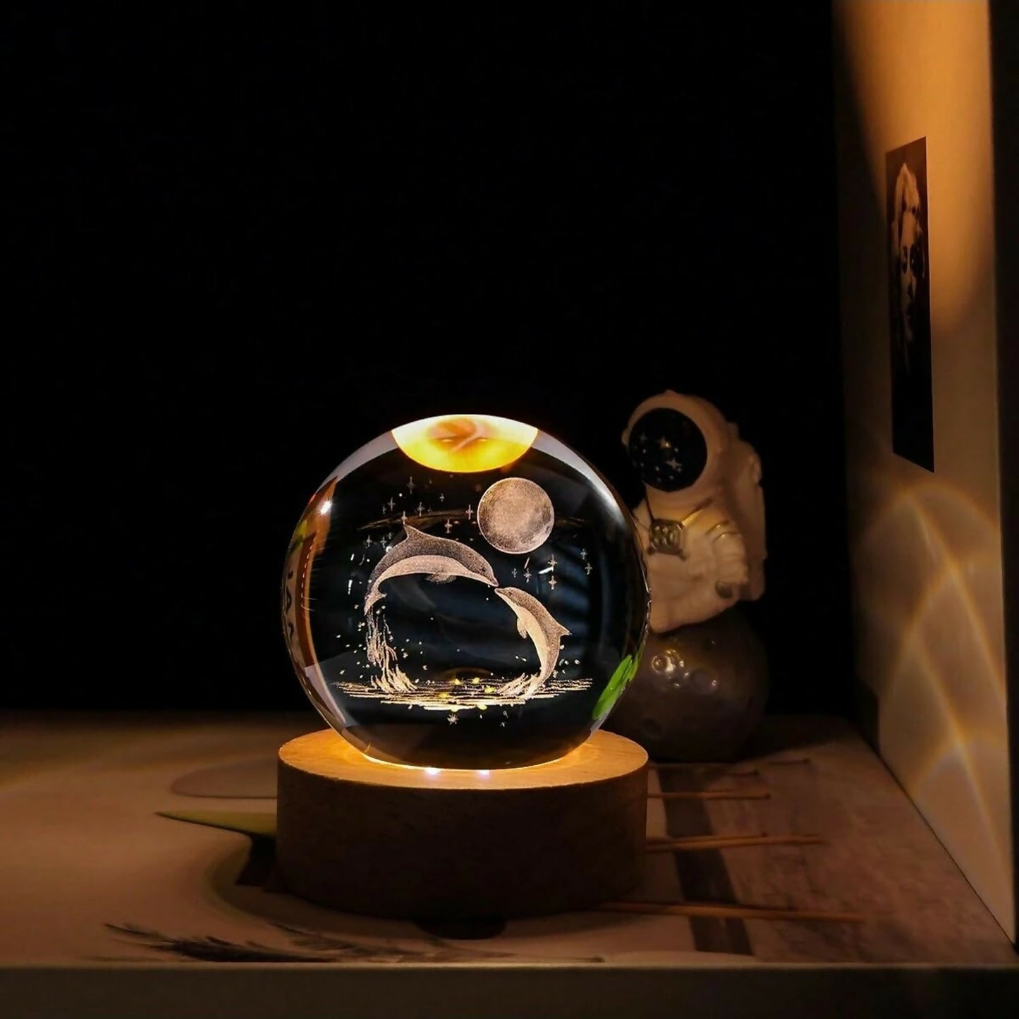 3D Dolphin Crystal Ball Night Lamp with Wooden Base Decorative Light