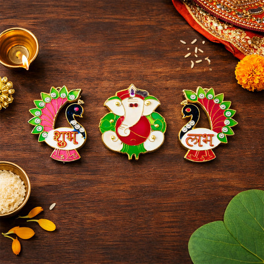 Acrylic Meenakari Peacock Ganesh Shubh Labh Door Hanging – Set of 3