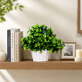 Artificial Green Leaf Bushy Bonsai Plant in White Wood Texture Oval Pot Home Decor