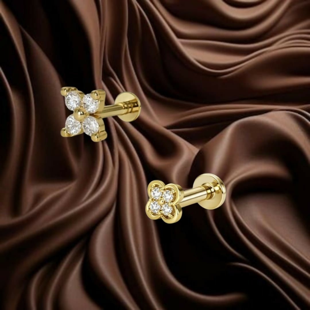 Close up of gold plated flower flat back nosepin stud for women