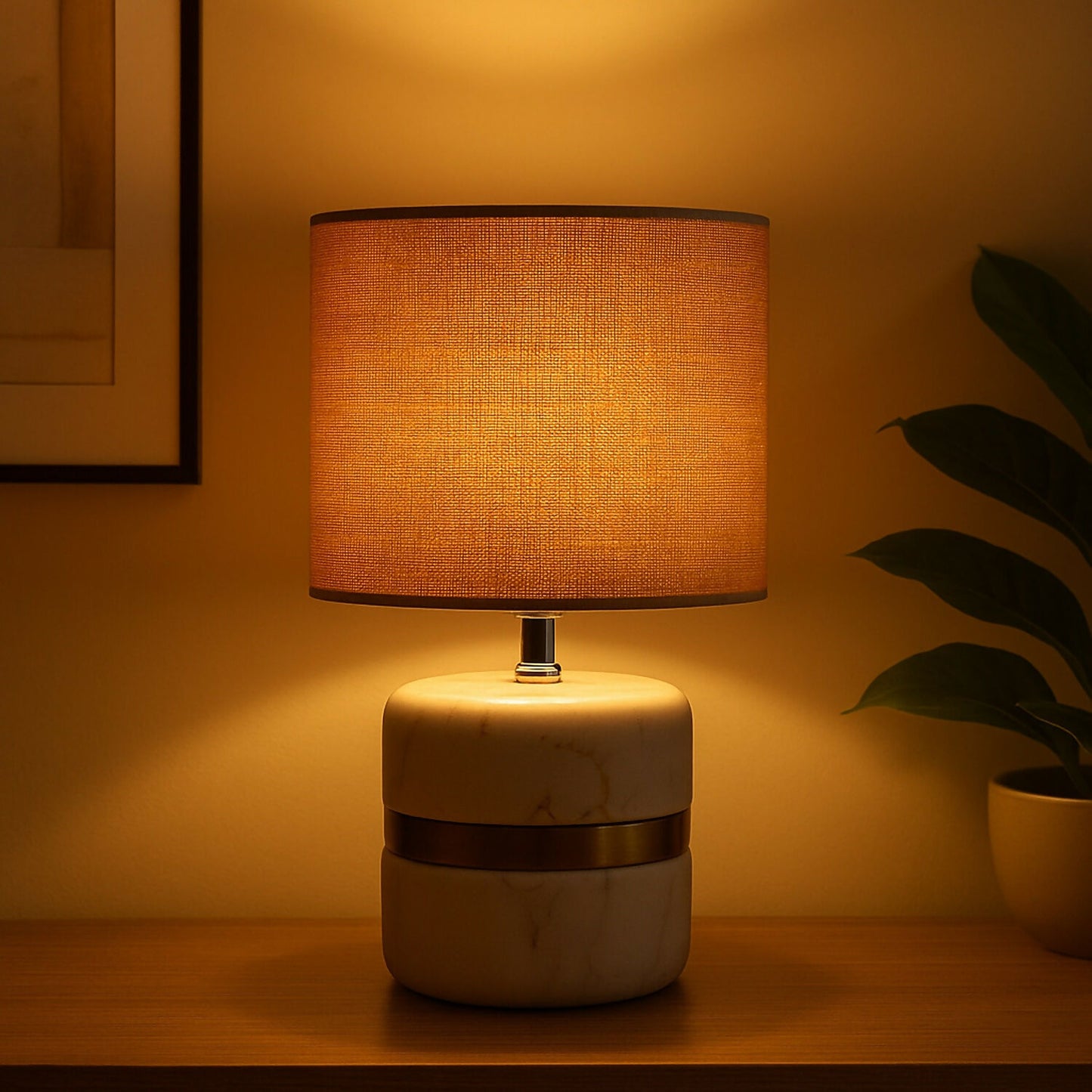 Luxury Marble Base Table Lamp with Warm Fabric Shade | Modern Decorative Bedside & Living Room Lamp | Golden Accent Night Lamp