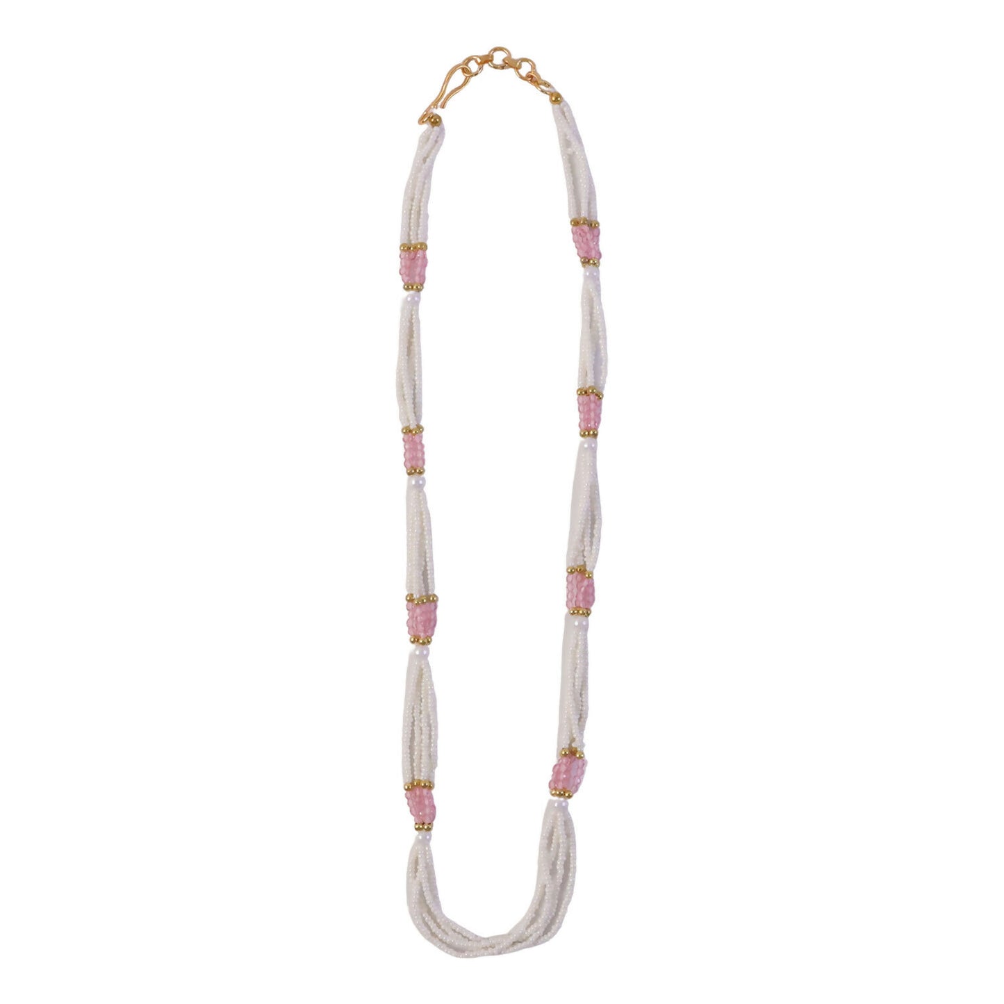 Side view of elegant multi-layer pearl mala necklace with pink beads