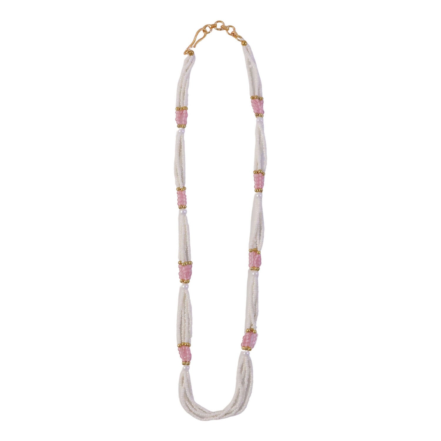 Side view of elegant multi-layer pearl mala necklace with pink beads