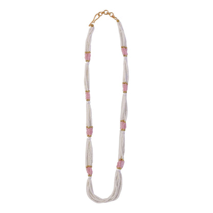 Side view of elegant multi-layer pearl mala necklace with pink beads
