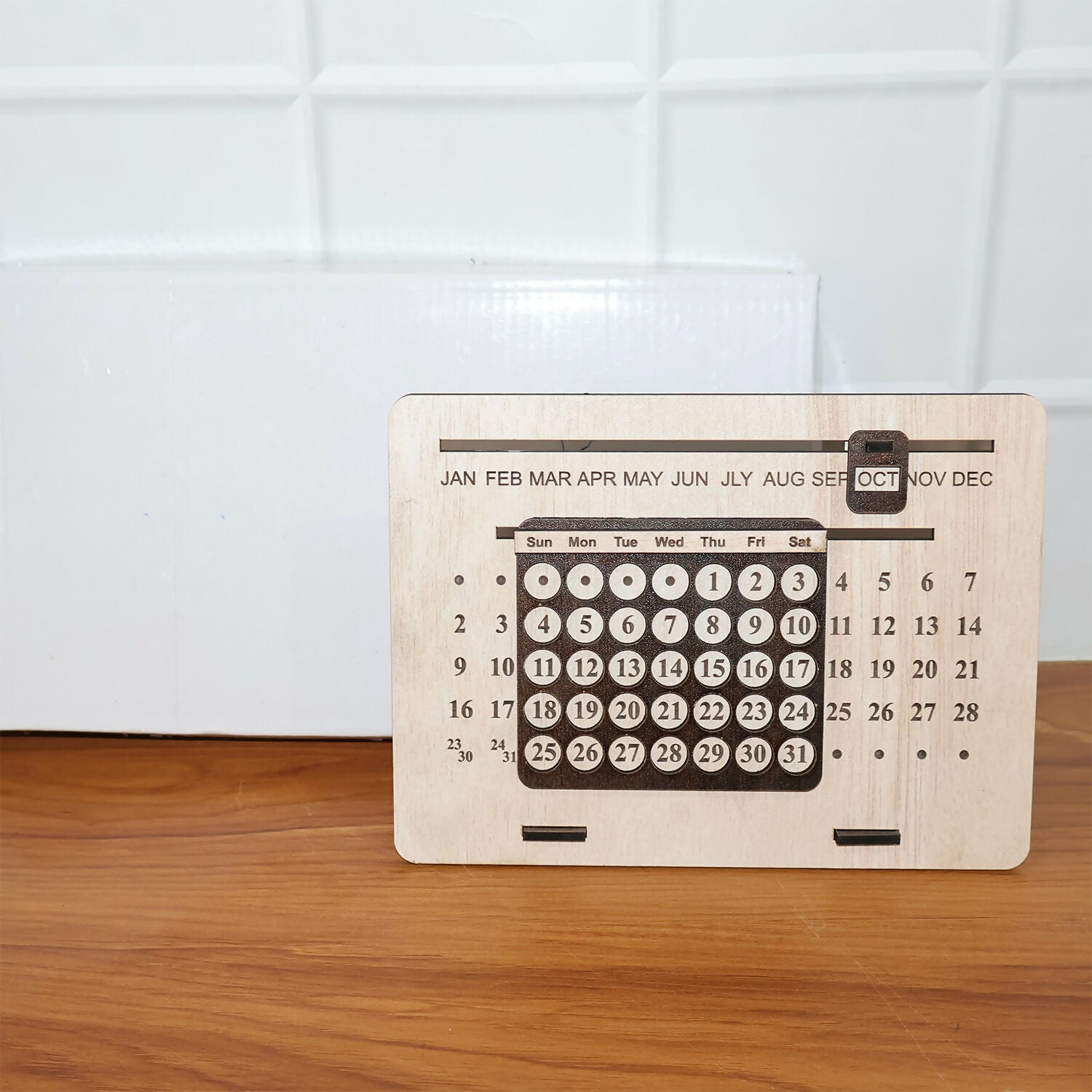 Wooden Perpetual Desk Calendar with Sliding Month Marker & Date Display