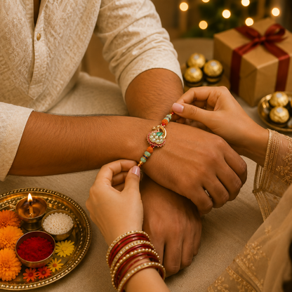 A person's hands tying a gold peacock Rakhi with green and pearl details, flanked by orange and mint green beads, on another