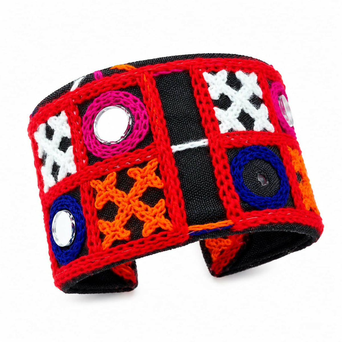 The embroidered cuff bracelet, featuring a black base with vibrant threadwork and embedded mirrors, is displayed on a white