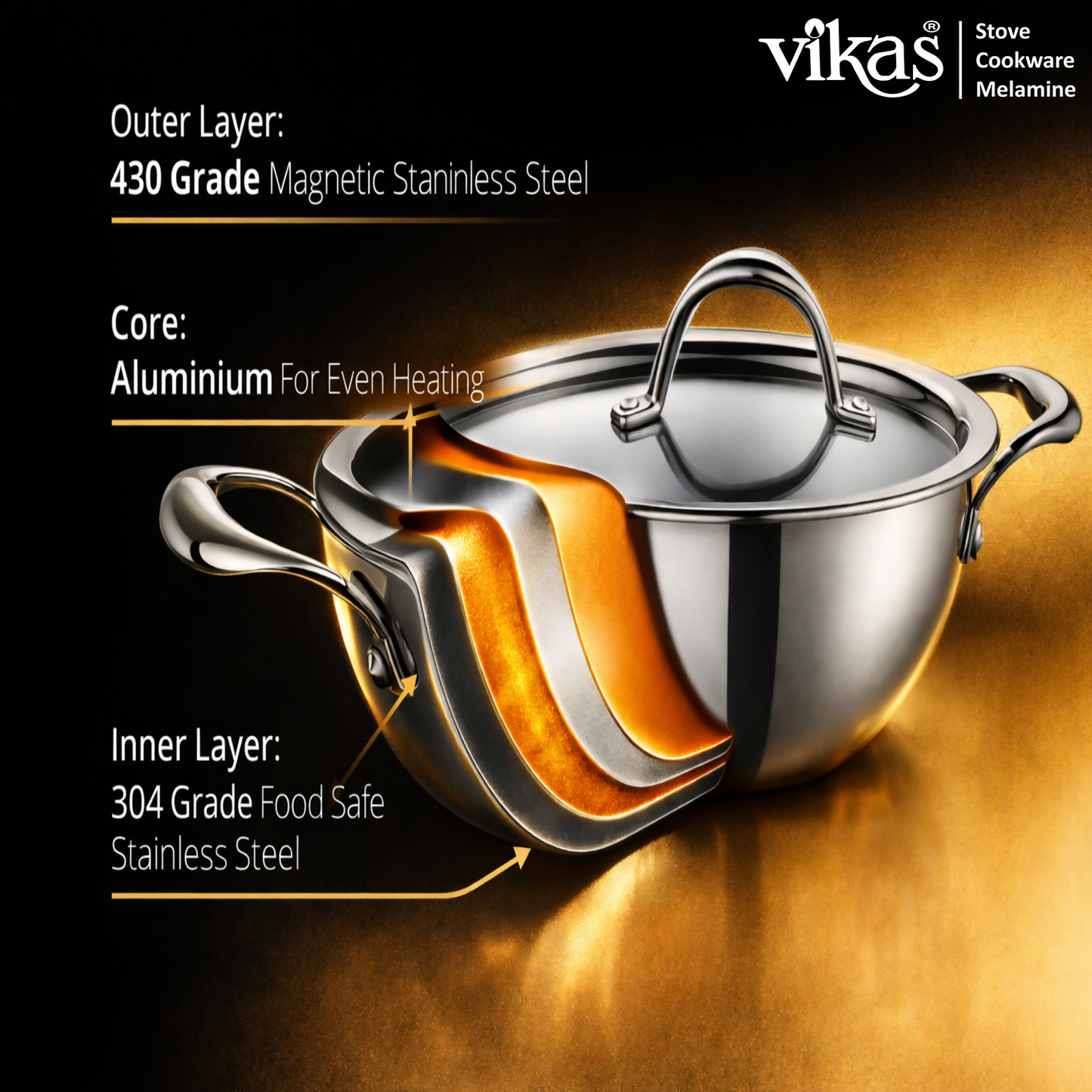 Vikas Triply Kadai with Lid showcasing triple-layer base and lid