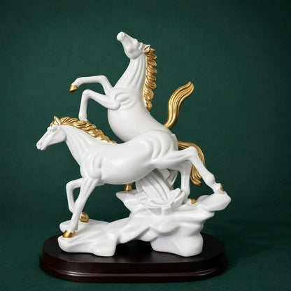 White Gold Horse Statue Showpiece for Home Decor Table Accent
