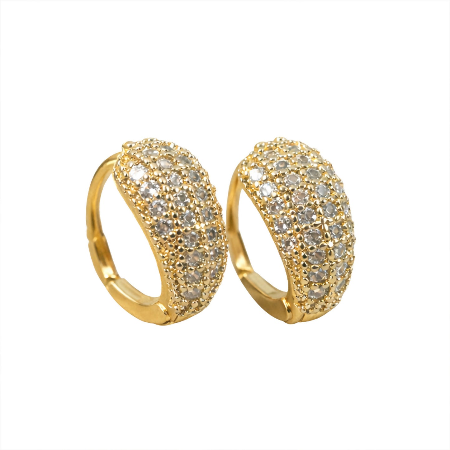 Side view of gold huggie hoops featuring multiple rows of sparkling crystals