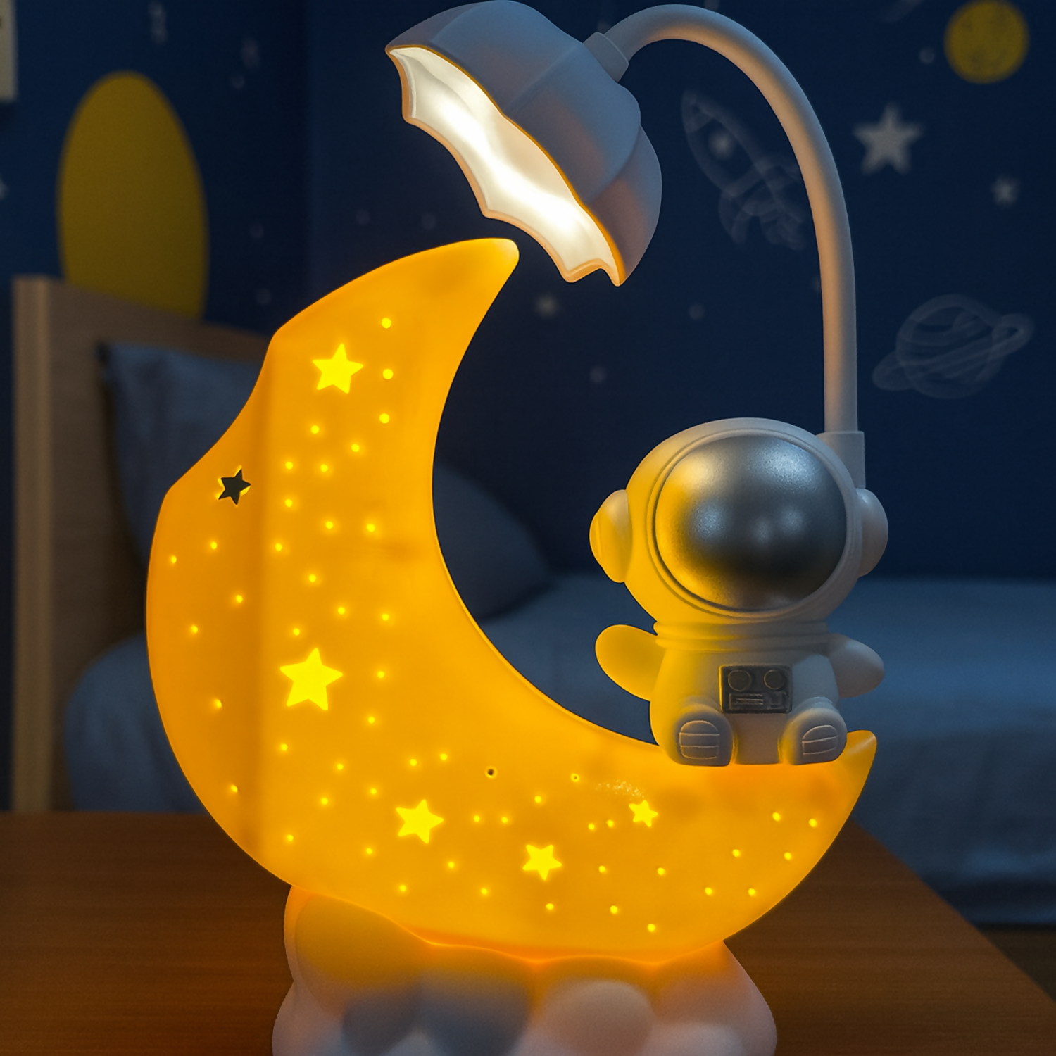 Astronaut Moon LED Night Lamp with Warm Glow for Kids Room, Bedroom, Nursery, Study Table & Gift