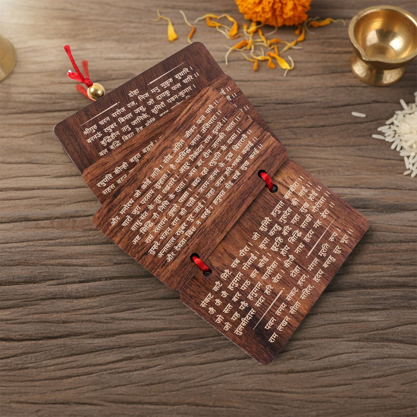 Wooden Hanuman Chalisa Prayer Book, Engraved Hindu Devotional Scripture for Home Temple