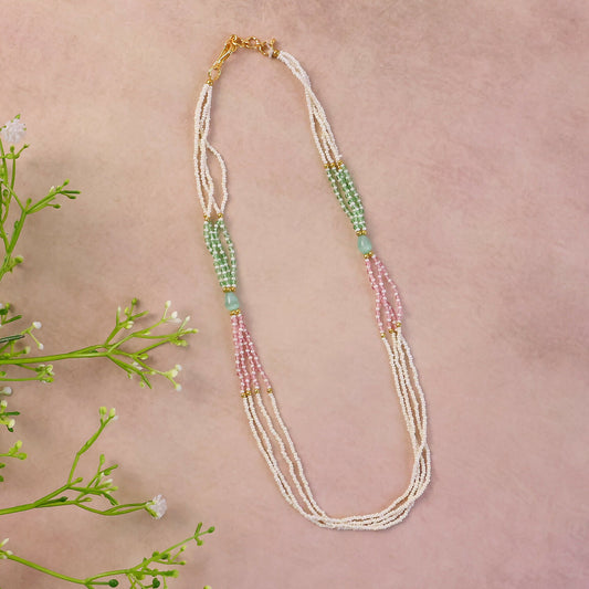 Layered Pearl Mala Handmade Necklace with Pastel Green Pink Beads Elegant Wear