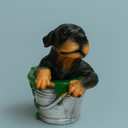 Premium Cute Puppy in Bucket Resin Showpiece for Home Décor | Hand-Painted Dog Figurine with Silver Bucket & Green Spill Design | Tabletop Decorative Statue for Living Room, Bedroom, Office & Gifting