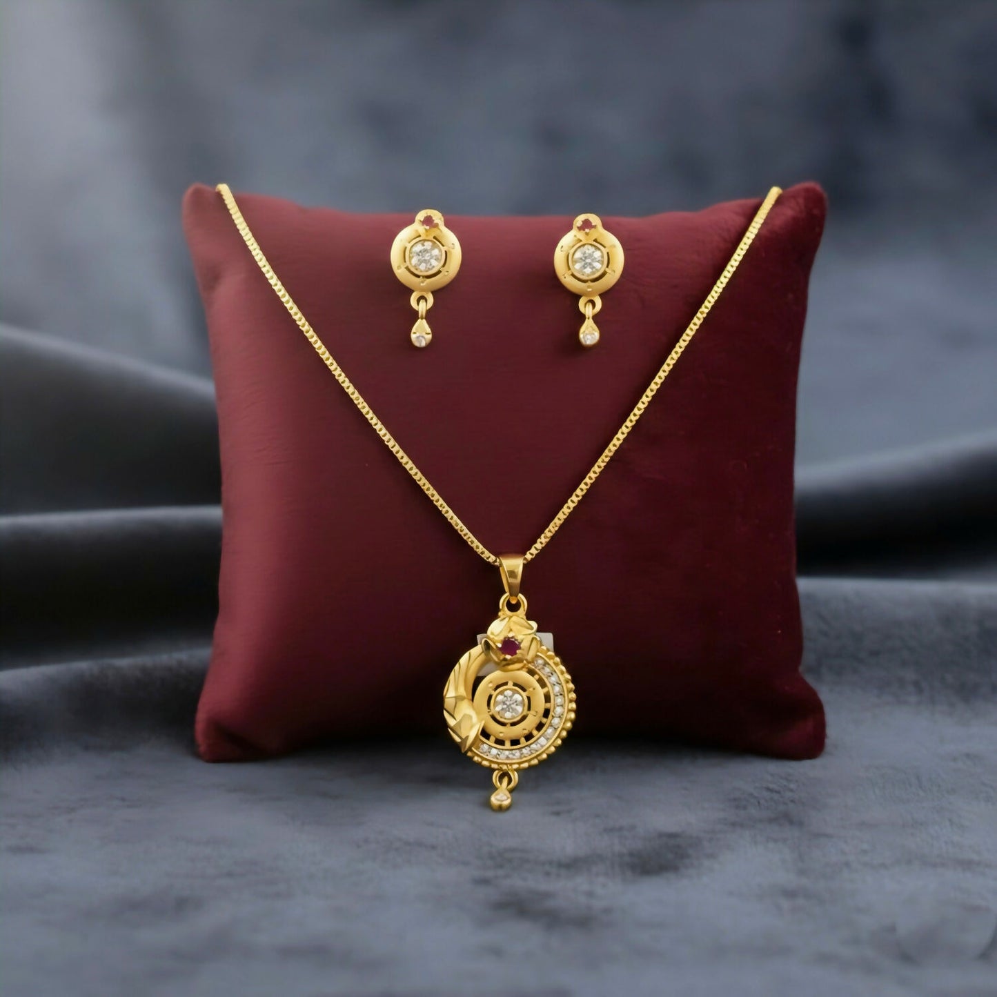 Gold-Plated Circular Pendant Necklace with Matching Drop Earrings
