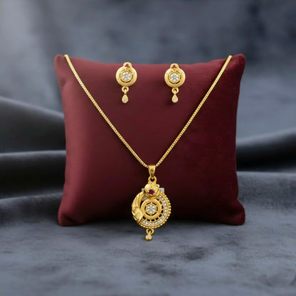 Gold-Plated Circular Pendant Necklace with Matching Drop Earrings