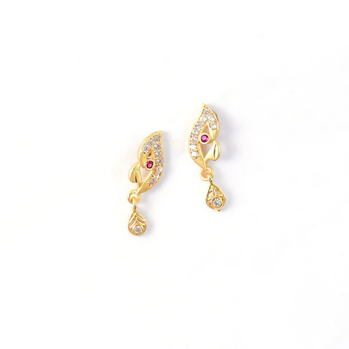 Stylish Leaf Pattern Gold Earrings with Stone Work & Drop Charm