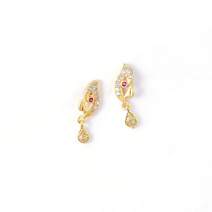 Stylish Leaf Pattern Gold Earrings with Stone Work & Drop Charm