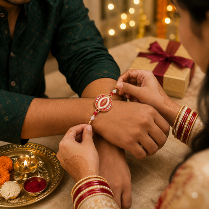 A woman's hands tie a red and gold bracelet with a central oval design, pearls, and stones, onto a man's wrist, with a gift
