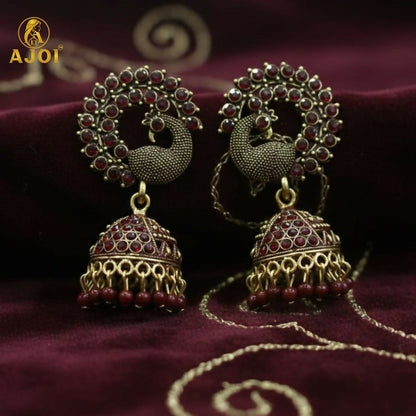 Royal Maroon Peacock Jhumka Earrings – Antique Gold Finish