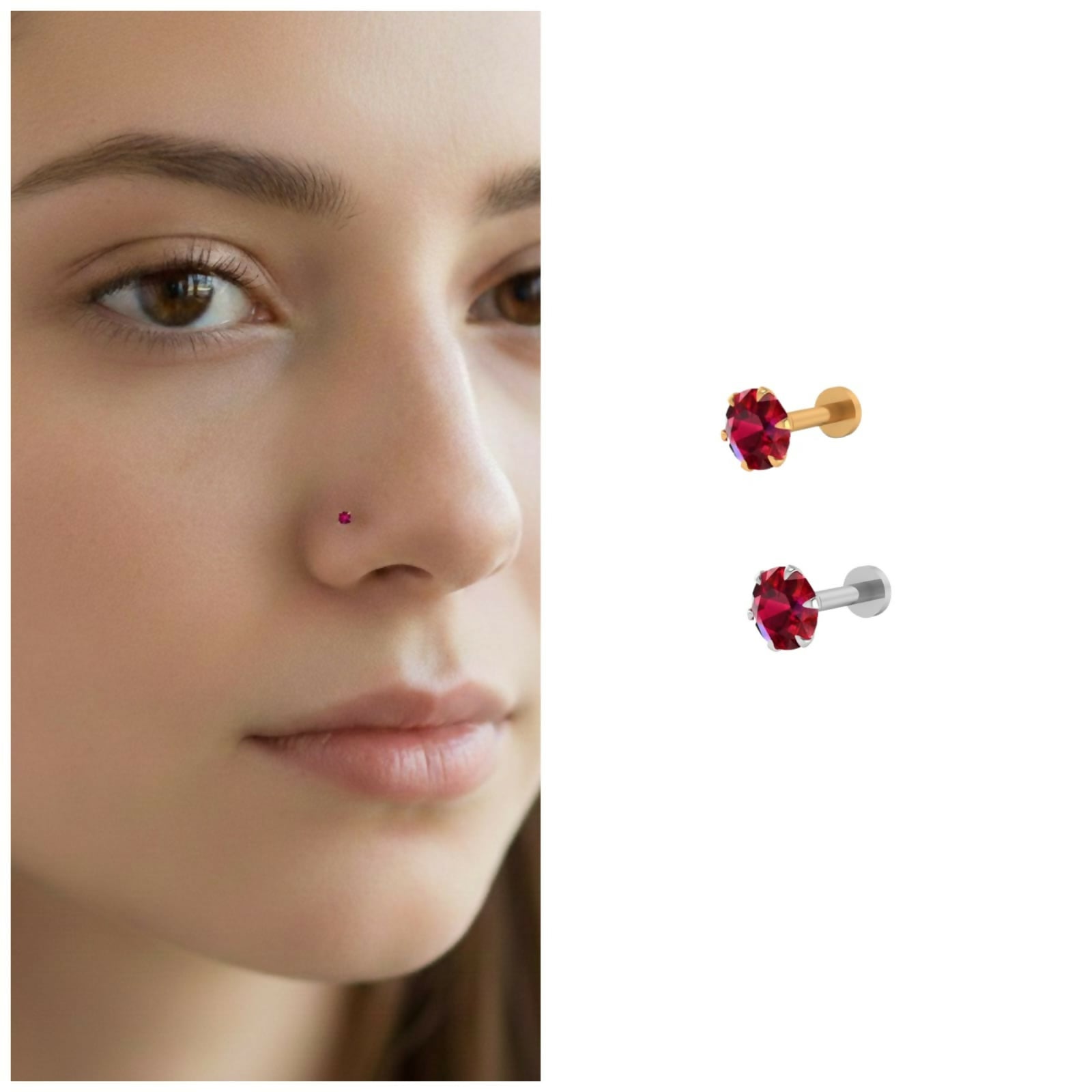 Ruby Red Crystal Nosepin Stud in gold plating with flat back design